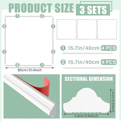 3 Set Accent Wall Molding Kit Premade Wainscoting Panels Wall Molding Peel and Stick Panel White Pre Cut Trim for Walls Picture Frame Molding for Home Decoration(31.5x31.5 Inch)