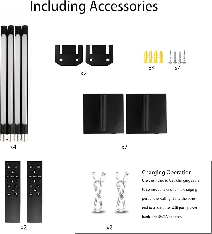 28 Inch Wall Sconces Set of 2 Battery Operated,10000mAh Black LED Wireless USB Rechargeable Wall Lights with Remote Control,360° Rotation LED Dimmable Picture Lamp for Living Room,Bedroom.