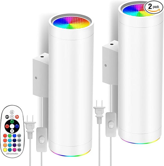 Wall Sconces Set of Two - 16 Color Changing Night Lights Plug into Wall, RGBW Wall Lamp with Remote, LED Up Down Lights for Bedroom Living Room