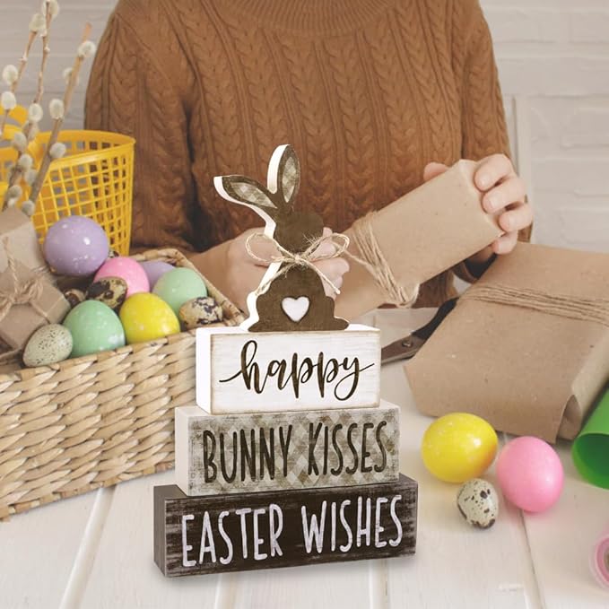DIYDEC 4Pcs Easter Tabletop Decorations Bunny Wooden Block Signs Gift Rustic Tiered Tray Decor Happy Easter Centerpiece Farmhouse Wood Rabbit Table Sign for Kitchen Home Office Party Decor
