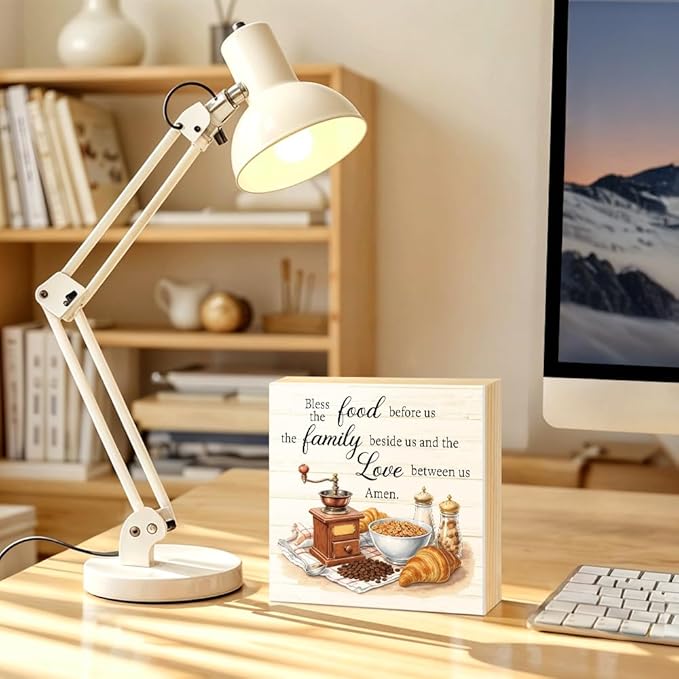 Bless The Food Before Us The Family Beside Us And The Love Between Us Wood Block Plaque Box Sign for Home Living Room Coffee House Bar Shelf Table Office Decoration, Bible Verse Home Decor