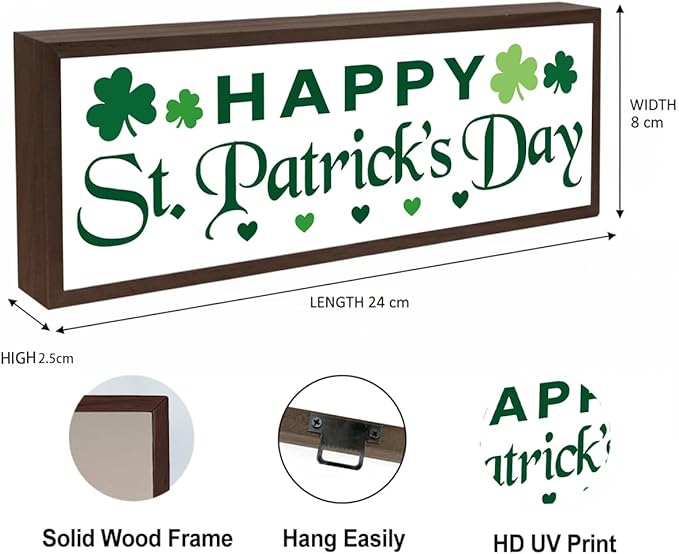 Happy St. Patrick's Day Wooden Table Sign, Farmhouse Framed Block Signs, Shamrock Decors, Clover Beautiful Home Decor Sign, Shelf Tabletop Decoration, Irish Gift, 9.5x3.1x1 inches