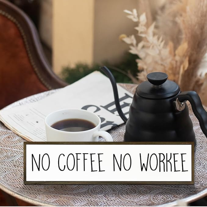 Funny Coffee Signs Decor, Funny Offices Decor, Coffees Work Humor Wood Signs, Home Kitchen Decors for Shelf, Decorative Wooden Table Sign, No Coffee No Workee Sign, 17.8x4x1.2 inches