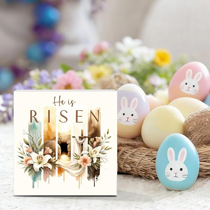 Christian Sign Decor Decorations Religious Jesus Decorations Christian Gifts for Women Home Office Desk Table Shelf Tiered Tray Decor He Is Risen Wooden Sign 5 X 5 Inch