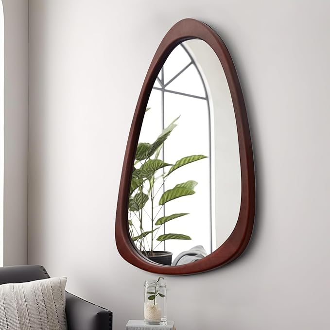 sawsile Irregular Wall Mirror for Bathroom,Wood Asymmetrical Rustic 19.5 x 30.5 inch Farmhouse Vanity Unique Walnut Decorative Large Mirror for Entryway,Bedroom,Living Room,Washroom
