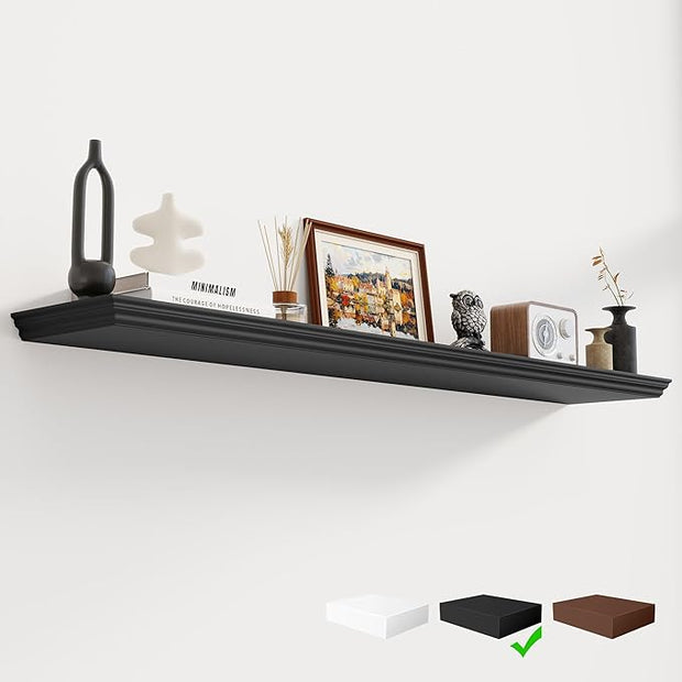 Fun Memories Floating Shelves 55 Inch Long, 9.3 Inch Deep Classic Crown Molding Floating Shelves for Wall, Rustic Wooden Shelves for Wall Decor Bathroom, Kitchen, Office, (Black, 1Pack)