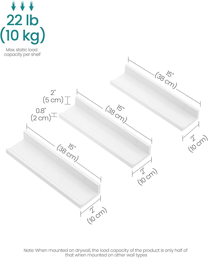 SONGMICS Floating Shelves, Set of 3 Wall Shelves, 15-Inch Wide, for Photo Frames and Trinkets, for Living Room, Home Office, Kitchen, Bathroom, White ULWS38WT