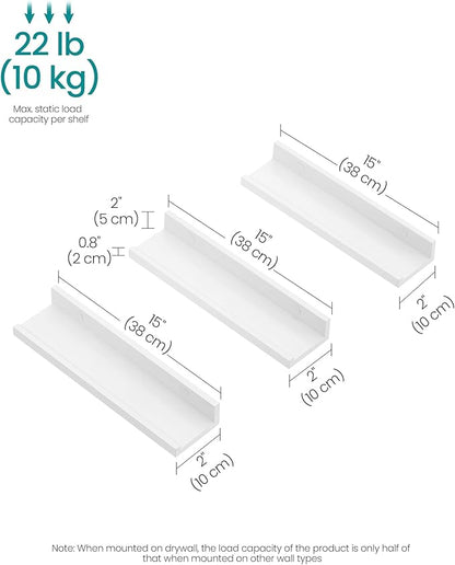 SONGMICS Floating Shelves, Set of 3 Wall Shelves, 15-Inch Wide, for Photo Frames and Trinkets, for Living Room, Home Office, Kitchen, Bathroom, White ULWS38WT