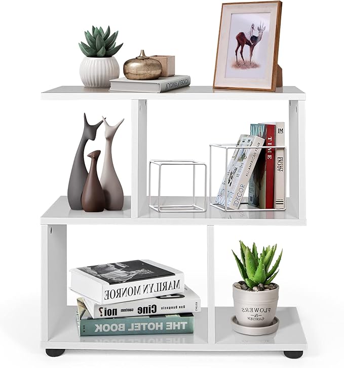 Giantex 3-Tier Geometric Bookshelf, 24’’ Tall Wood S-Shaped Display Shelves with Thick Foot Pads, Freestanding Open Shelves Nightstand, Floor Standing Display Shelf Bookcase