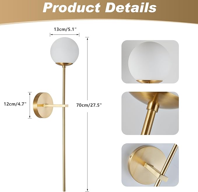 BOKT Mid Century Modern Long Wall Sconce Brushed Brass Bathroom Vanity Wall Sconce Lighting Small Gold Globe Wall Light White Glass Sphere Wall Lamp Antique Brass Wall Lighting