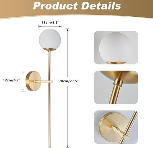 BOKT Mid Century Modern Long Wall Sconce Brushed Brass Bathroom Vanity Wall Sconce Lighting Small Gold Globe Wall Light White Glass Sphere Wall Lamp Antique Brass Wall Lighting