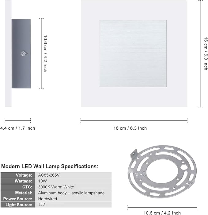 Kawell Modern 10W LED Wall Sconces Indoor LED Wall Light Square Acrylic LED Wall Lamp Minimalists LED Wall Light Sconce for Bedroom Living Room Stairwell Hallway Lounge, Warm White