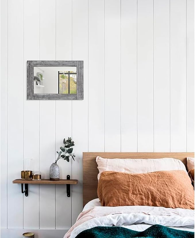 Rustic Wall Mirror Farmhouse, with Frame Wood Wall Mirror Rectangle Antique Decor Hanging Mirror for Bathroom Living Room Bedroom Entryway Small 16