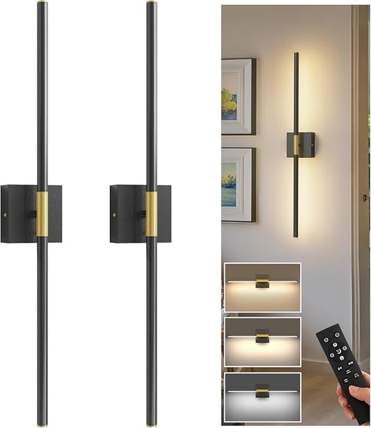 L LOHAS LED Battery Operated Wall Sconces Set of 2, Battery Wall Sconce 10000mAh, Black and Gold Rechargeable Sconces 3CCT, 28.1 Inch Wireless Wall Lights, Sconce Wall Decor for Bedroom, Living Room