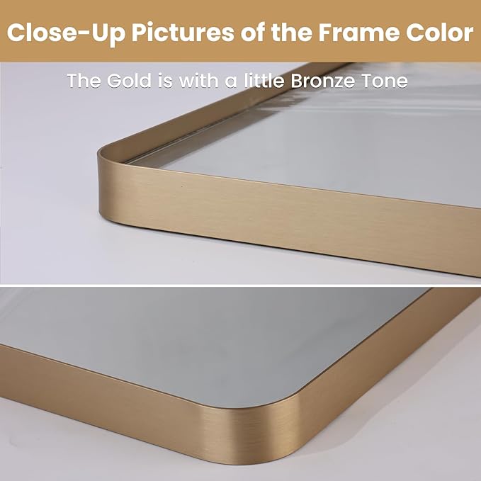 LOAAO 60”X28” Gold Bathroom Mirror, Rounded Rectangle Gold Frame Mirror, Brushed Gold Bathroom Vanity Mirror Wall-Mounted, Anti-Rust, Tempered Glass, Hangs Horizontally or Vertically