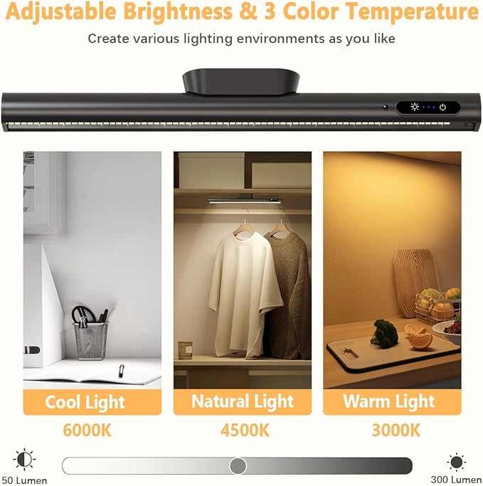 Hapfish Battery Powered Operated Wall Strip Lights, Rechargeable Magnetic LED Light Bar with Remote, Dimmable Desk Lamp, Under Cabinet Lighting Wireless for Mirror Closet Picture Room Kitchen - Black
