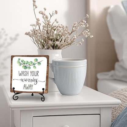 Bathroom Decor, Wash Your Worries Away Wooden Sign With Stand, Funny Bathroom Laundry Room Decor, Restroom Guest Washroom Decoration, Funny Toilet Washroom Plaque Sign Decor, Gifts for Family Friend