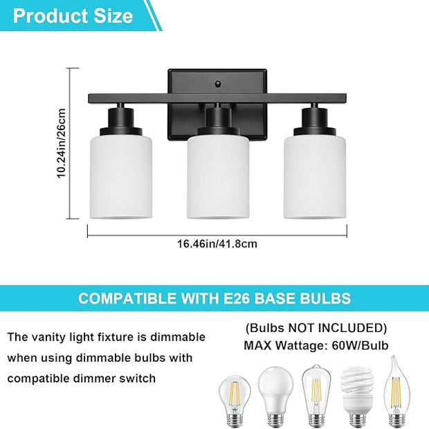 Ascher Bathroom Light Fixtures, 3-Light Vanity Light Over Mirror, Modern Matte Black Wall Sconces with Milky White Shades, Wall Lamp for Kitchen Hallway Cabinet Porch E26 Base