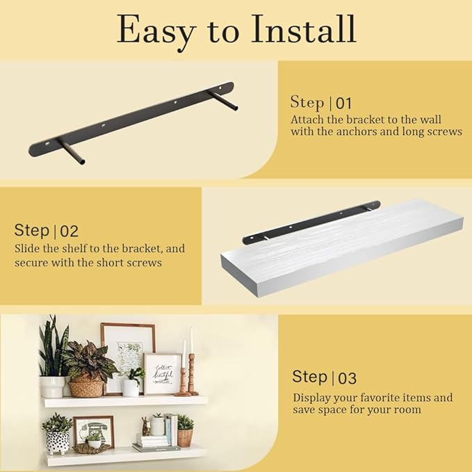 Habudda Floating Shelves for Wall, 35.5 Inch Long Natural Wood Shelf, White Rustic Decor for Bathroom Kitchen Bedroom, Hanging Mounted Invisible Bracket, Set of 2