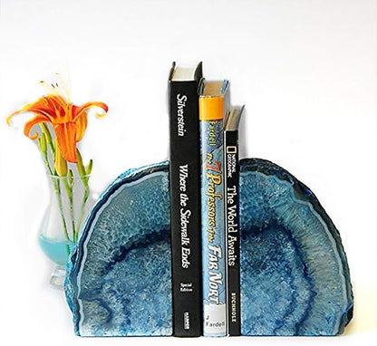 JIC Gem Dyed Blue Agate Bookends Geode Decorative Book Ends for Heavy Books with Rubber Bumpers for Office and Home Decoration Polished Small Size 2 to 3 Lbs