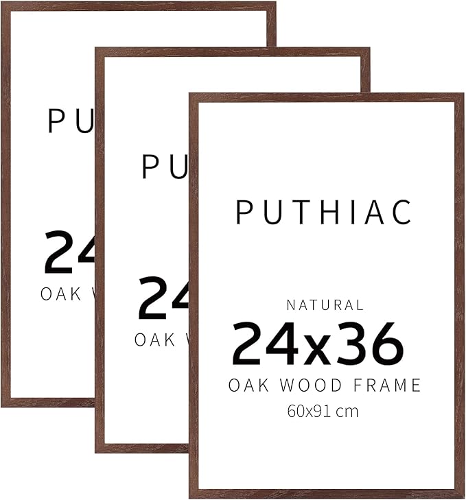 puthiac 24x36 Solid Oak Wood Picture Frame, No Mat, Wall Display Only, Vertical or Horizontal, Plexi Front, 3 Pack, Walnut