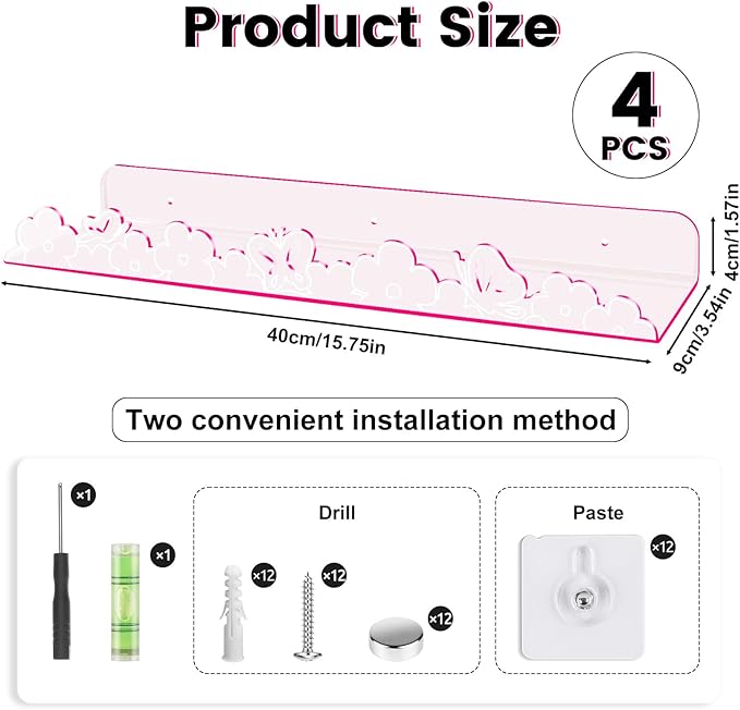 Floating Shelves for Wall,4 Pack 15.7’’x 3.5’’Adhesive Acrylic Shelves Organizer for Book Toy Photo Makeup,Wall-Mounted Kids Storage for Bathroom,Bedroom,Nursery,Pink Butterfly