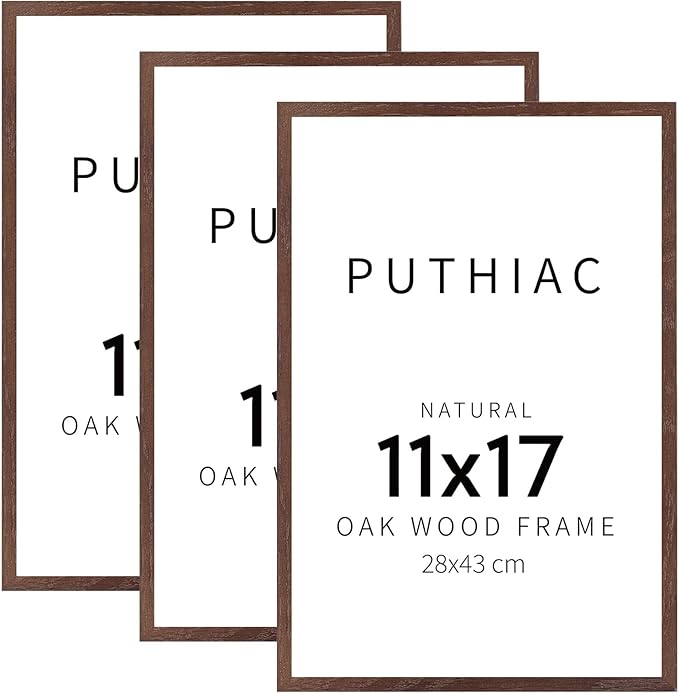 puthiac 11x17 Solid Oak Wood Picture Frame, Fits 8x12 with Mat or 11x17 Without Mat, Wall Display Only, Vertical or Horizontal, Plexi Front, 3 Pack, Walnut