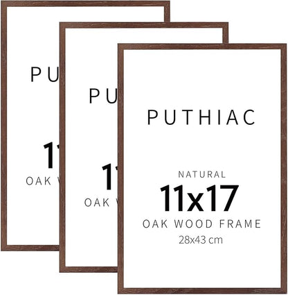 puthiac 11x17 Solid Oak Wood Picture Frame, Fits 8x12 with Mat or 11x17 Without Mat, Wall Display Only, Vertical or Horizontal, Plexi Front, 3 Pack, Walnut
