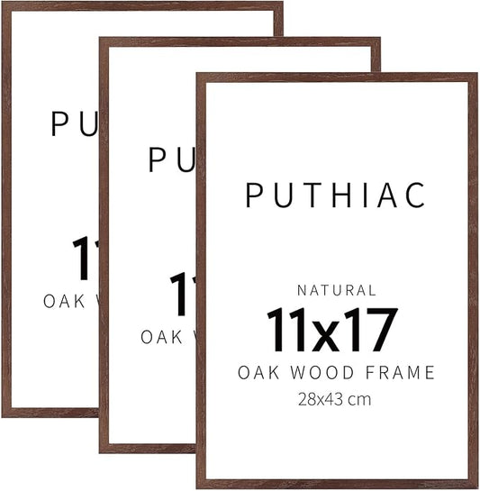 puthiac 11x17 Solid Oak Wood Picture Frame, Fits 8x12 with Mat or 11x17 Without Mat, Wall Display Only, Vertical or Horizontal, Plexi Front, 3 Pack, Walnut