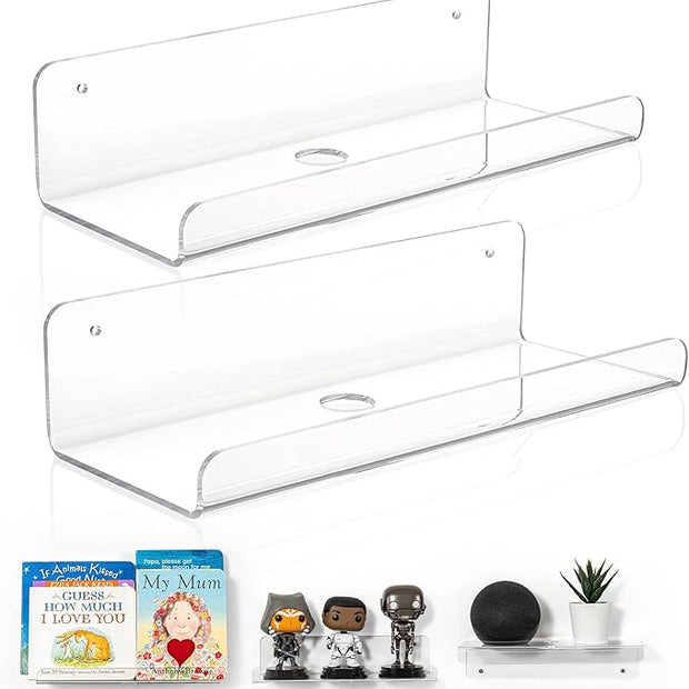 OAPRIRE 2-Pack Clear Acrylic Floating Wall Shelves, 10" Minimalist Book & Decor Shelf Set for Bedroom, Bathroom, Kitchen