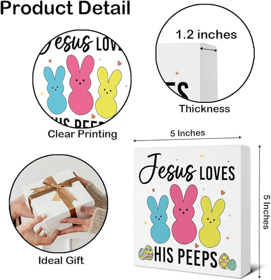 Easter Bathroom Decor - Easter Decorations - Jesus Loves His Wooden Sign Home Bathroom Toilet Desk Table Shelf Decor - 5 x 5 Inches
