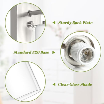 Set of 2 Wall Sconces for Bathroom, Modern Vanity Light Fixtures, Nickle Wall Mount Lighting Lanterns, Farmhouse Wall Lights with Double Clear Glass Shade for Bedroom Living Room Mirror Hallway