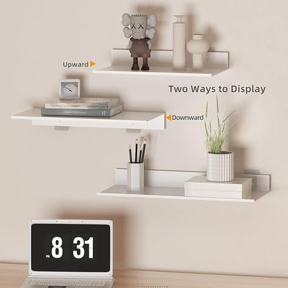 White Floating Wall Shelves for Bedroom, Modern Bathroom Shelves Wall Mounted No Drilling Set of 3, Metal Small Decor Floating Shelf for Living Room Office