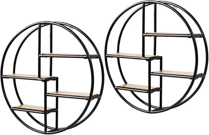 Tangkula Round Wall Shelf, Wall-Mounted Circular Shelf, Wood & Iron Wall Hanging Shelves, 4-Tier Circle Shelf Wall Decor for Home Office, Circular Floating Shelves (2, Black)