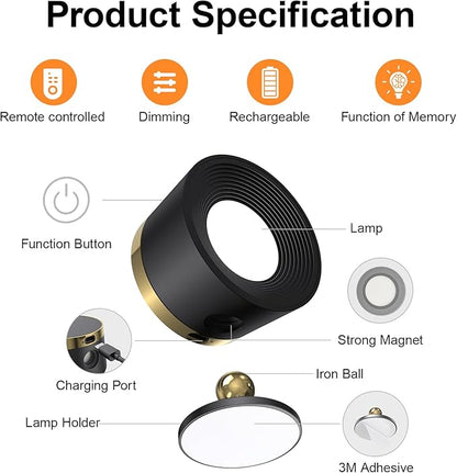 Moobibear LED Wall Lights with Remote, 3500mAh Rechargeable Battery Operated Wall Sconce, Dimmable 13RGB + 3 Color Temperature Magnetic Wireless Wall Lamp, for Rooms, Hallway (Black, 2 PCS)
