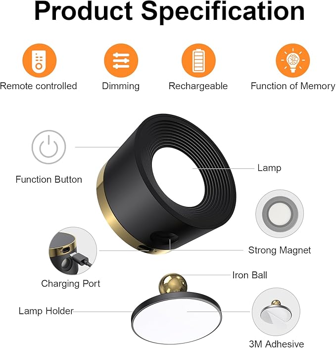 Moobibear LED Wall Lights with Remote, 3500mAh Rechargeable Battery Operated Wall Sconce, Dimmable 13RGB + 3 Color Temperature Magnetic Wireless Wall Lamp, for Rooms, Hallway (Black, 1 PC)