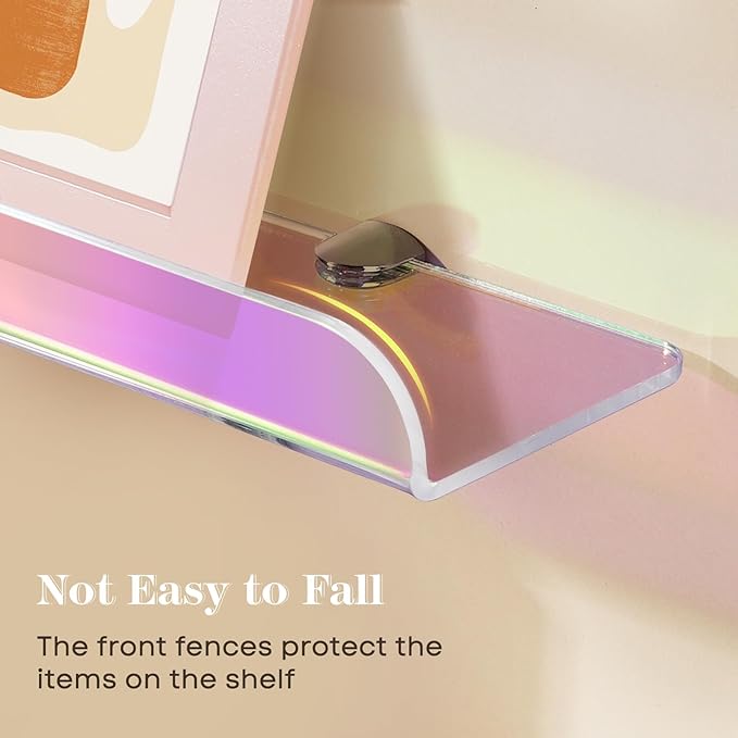 15 Inch Acrylic Floating Shelves for Wall Decor, 3 Pack Iridescent Acrylic Shelves for Bedroom Kitchen Office Nursery, Stylish Wall Mounted Vinyl Record Holder, Magazine Rack, Picture Ledge