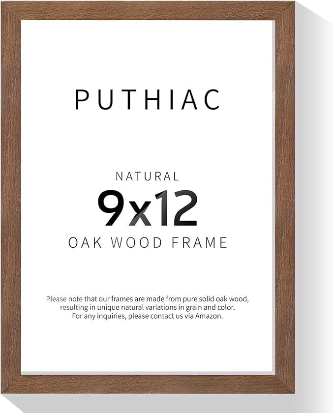 puthiac 9x12 Solid Oak Wood Picture Frame, Fits 6x8 with Mat or 9x12 Without Mat, Wall or Tabletop Display with Stand, Vertical or Horizontal, Plexi Front, 1 Pack, Walnut