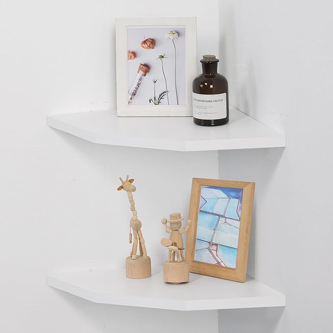 Joiishom Wood Corner Wall Shelves Set of 2, Solid Wood Corner Floating Shelves, Round End Wall Mounted Floating Corner Shelf for Bedroom, Living Room and Kitchen (White-10 inch)