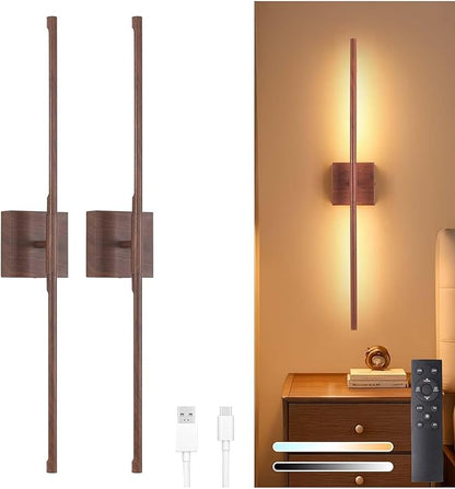 Battery Operated Wall Sconce Set of 2, 10400mAh Rechargeable Wall Sconces, 3000K-6000K Dimmable, 350°Rotate, Indoor Wall Lights for Bedroom Living Room Bathroom, Black Walnut, 31.5 Inch