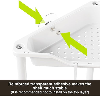 Orimade Rustproof 2 Tier Floor Standing Corner Shower Caddy Organizer, Plastic Metal Splicing Floor Corner Shelf Rack Stands for Bathroom, White