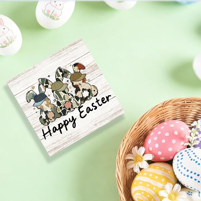 Funny Happy Easter Sign Rustic Easter Bunny Decor Bunny Table Decorations Decor Indoor for Home Office Desk Table Shelf Tiered Tray 5 X 5 Inch