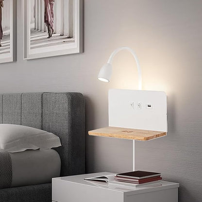 Bedside Wall Sconce with Wireless Charging Station & USB Port, Wall Mounted LED Reading Light with Flexible Gooseneck, 3 Color Temperatures, Plug-in or Hardwired Bed Reading Lamp for Bedroom, White