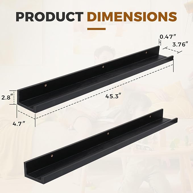 Muzilife 45.3" Large Floating Wall Ledge Shelves with Lip - Set of 2 Wood Floating Shelves - Black Wall Mounted Picture Ledge for Office, Bathroom, Bedroom, Living Room, Kitchen