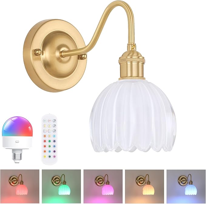 Vintage Battery Operated Wall Sconce, 5000mAh Wireless Rechargeable Wall Light, Indoor Battery Powered Wall Lamp for Bedside Bedroom Living Room, Tulip White