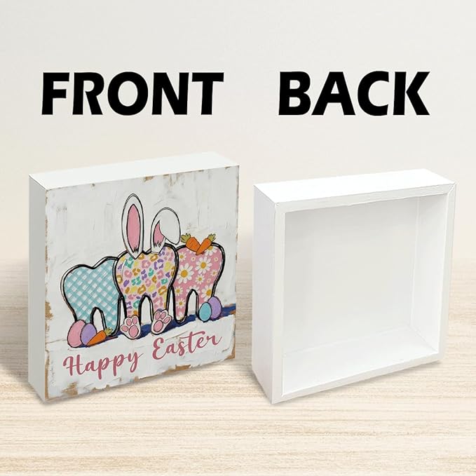 Easter Table Decorations Happy Easter Bunny Wooden Box Sign, Rustic Farmhouse Spring Centerpiece for Tables, Easter Desk Shelf Plaque Home Decor 5x5 Inch