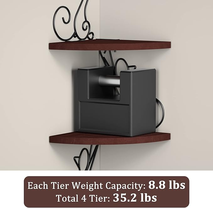 Alsonerbay Corner Shelf Wall Mount, 4 Tier Floating Shelves for Wall, Easy-to-Assemble Wall Shelves Rustic Wood Decor for Bedroom Living Room Bathroom Kitchen Office, Walnut Finish