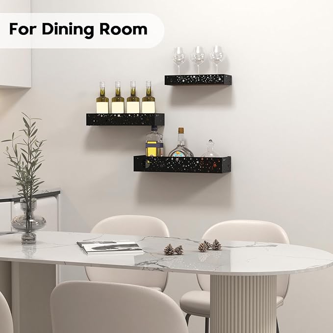 Moon and Stars Wall Shelves Black, Set of 3 Small Floating Shelves for Bedroom Living Room Wall Storage or Decor, Brown Board