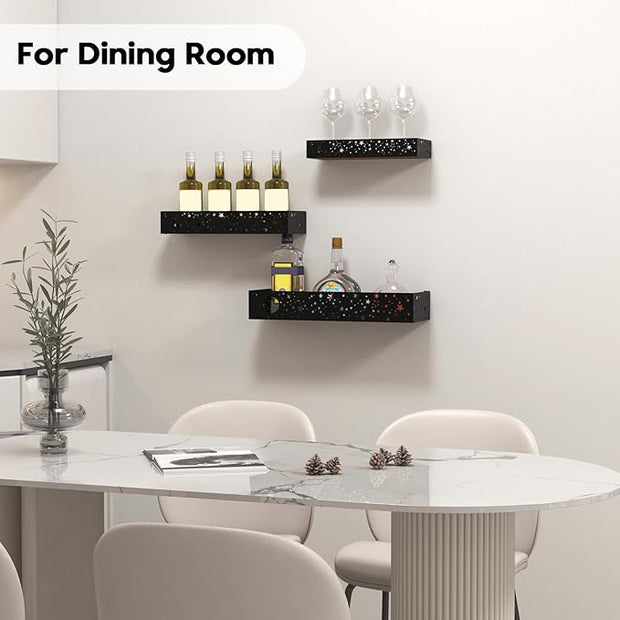 Moon and Stars Wall Shelves Black, Set of 3 Small Floating Shelves for Bedroom Living Room Wall Storage or Decor, Brown Board