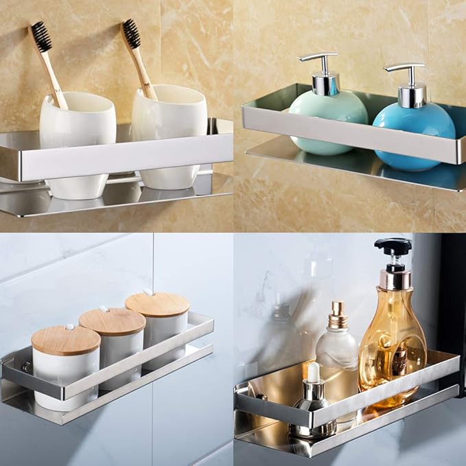OwnMy Bathroom Shower Shelf Stainless Steel Bath Kitchen Basket Shower Caddy Rack, Rustproof Metal Bathroom Storage Floating Shelves Wall Mounted Shower Corner Rectangular Shelf - 12 Inch Silver
